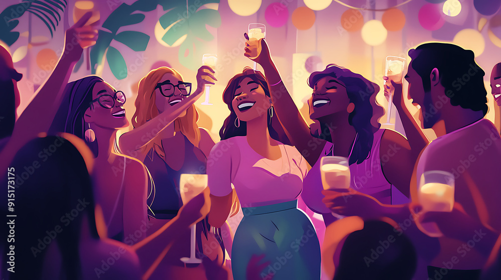 Friends laughing and toasting with drinks at a lively house party Friends laughing and toasting with drinks at a lively house party