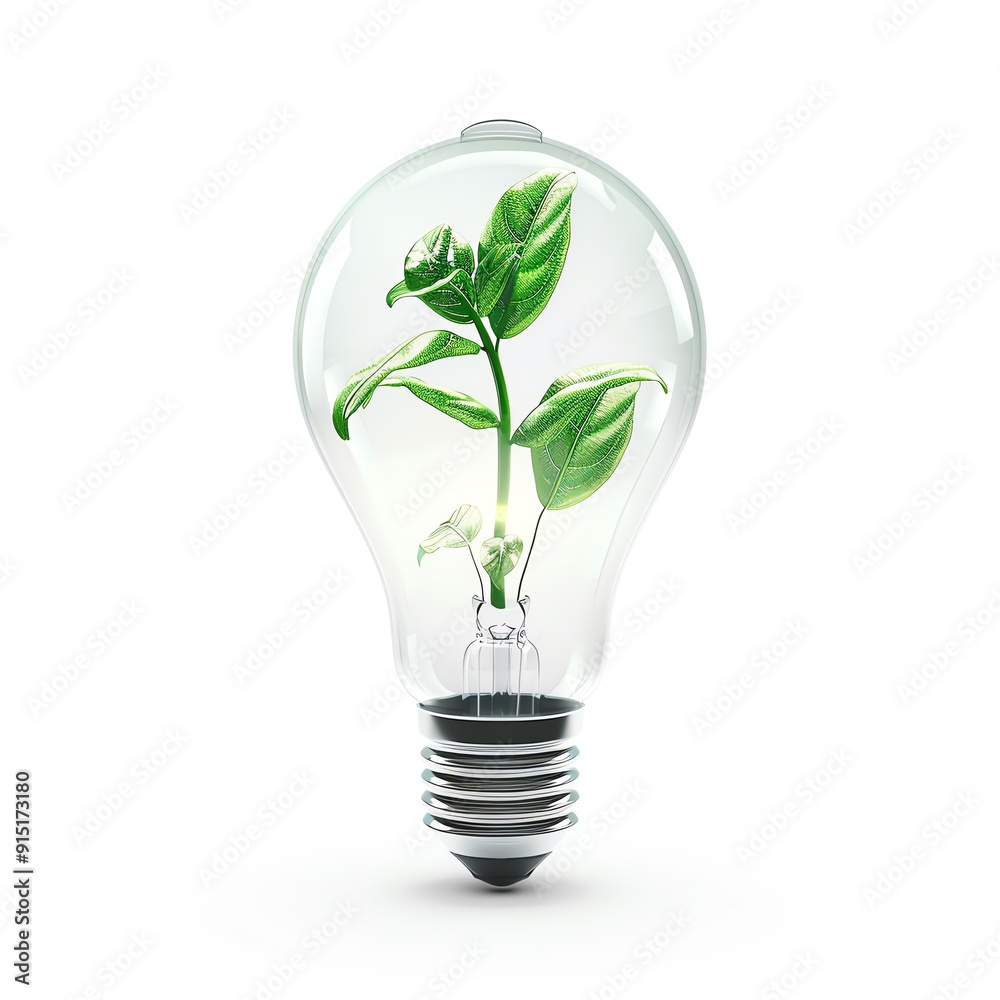 Eco-friendly concept: a green plant growing inside a light bulb symbolizing sustainable energy and environmental conservation.