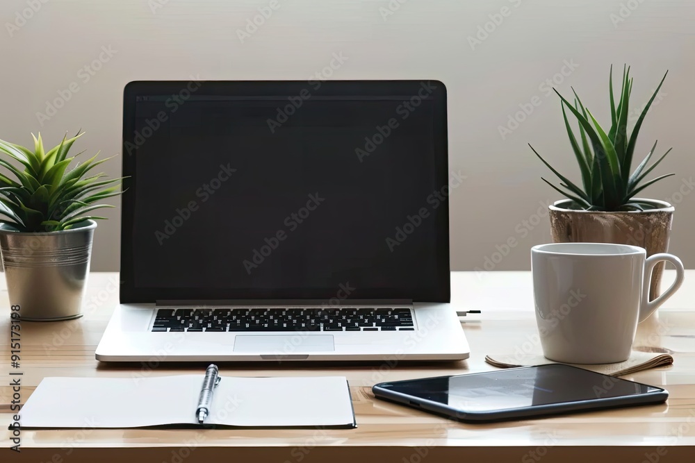Fototapeta premium A clean and organized desk with a laptop, a notepad, and a cup of coffee, set against a plain backdrop