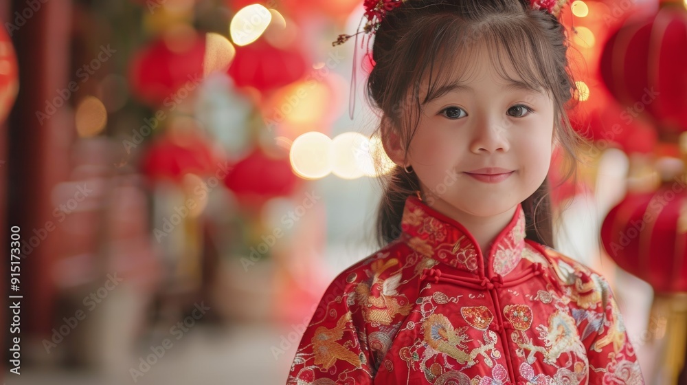 A cheerful girl in traditional red attire smiles amid festive decorations, embodying cultural heritage and celebration. A cheerful girl in traditional red attire smiles amid festive decorations, embodying cultural heritage and celebration.