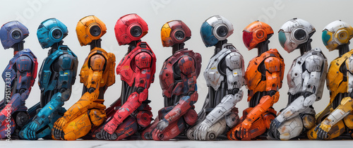 A lineup of humanoid robots, each painted in different vibrant colors, sit in a row as they await a job interview. 