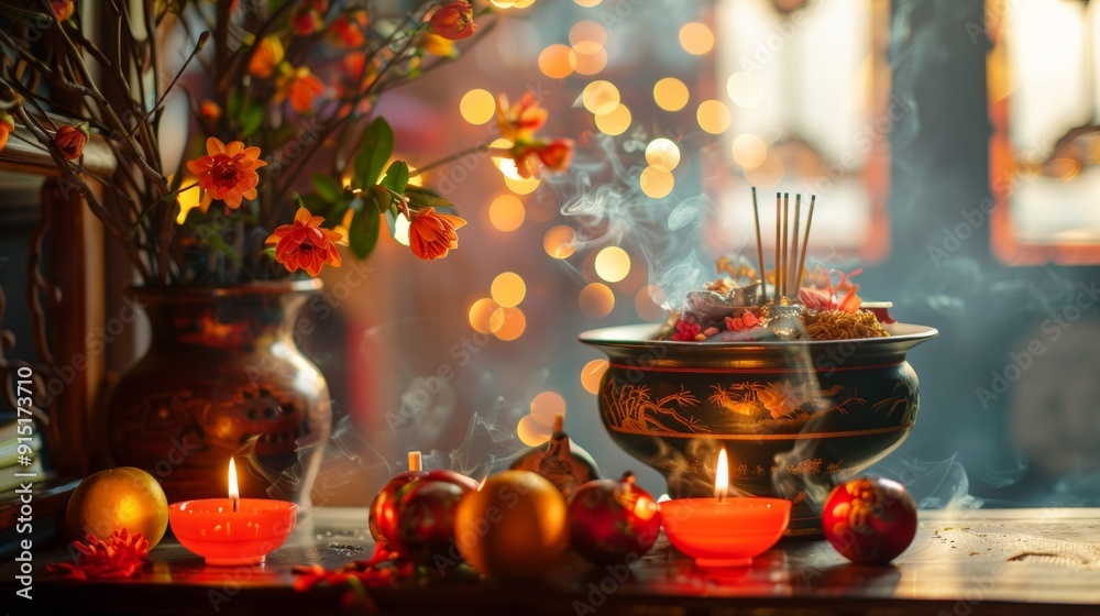 A serene altar scene with incense burning, candles lit, and decorative flowers, evoking peace and spirituality. A serene altar scene with incense burning, candles lit, and decorative flowers, evoking peace and spirituality.