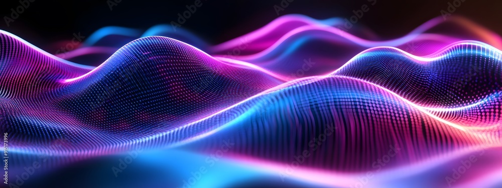 Fototapeta premium Abstract background with neon glowing wavy lines on black, gradient from blue to pink, modern design element for banner or poster