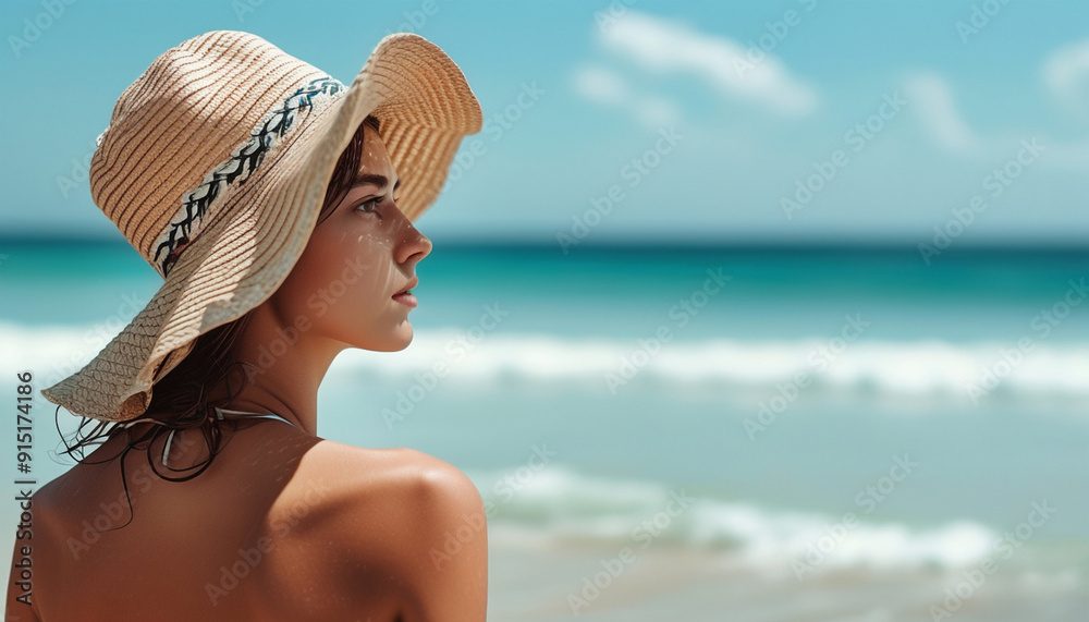 Young woman in beach with summer hat