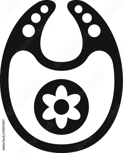 Black and white icon of a baby bib decorated with a flower, representing baby care and mealtime essentials