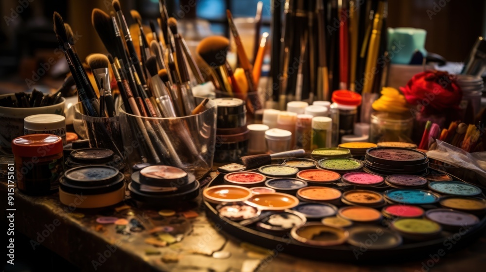Makeup Artist's Workspace with Brushes and Paint Palette Makeup Artist's Workspace with Brushes and Paint Palette