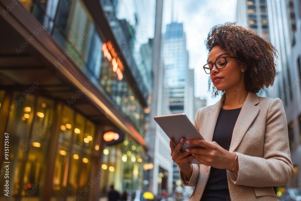 A woman with curly hair and glasses is smiling while holding a tablet. A woman with curly hair and glasses is smiling while holding a tablet.