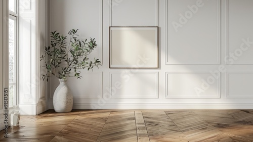 Classic white wall, brown parquet flooring, home decor, framed art, and plant vase.