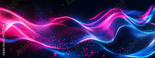 Abstract background with neon glowing wavy lines on black, gradient from blue to pink, modern design element for banner or poster