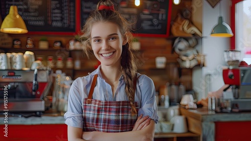 Barista apron preparing coffee cozy cafe interior