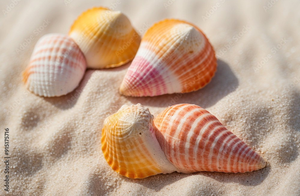 The composition is clean and minimalistic, perfect for a magazine advertisement. Close-up photography of two seashells, one yellow and one pink, delicately placed on white sand. The image is captured The composition is clean and minimalistic, perfect for a magazine advertisement. Close-up photography of two seashells, one yellow and one pink, delicately placed on white sand. The image is captured