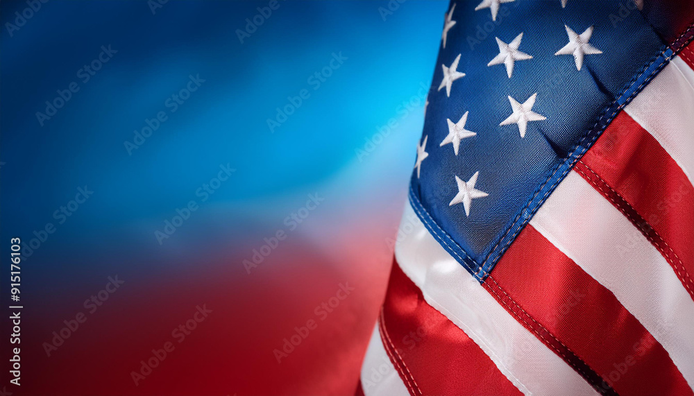 Fototapeta premium Close-Up of American Flag with Soft Blue and Red Gradient Background Symbolizing Patriotism, Freedom, and National Pride USA