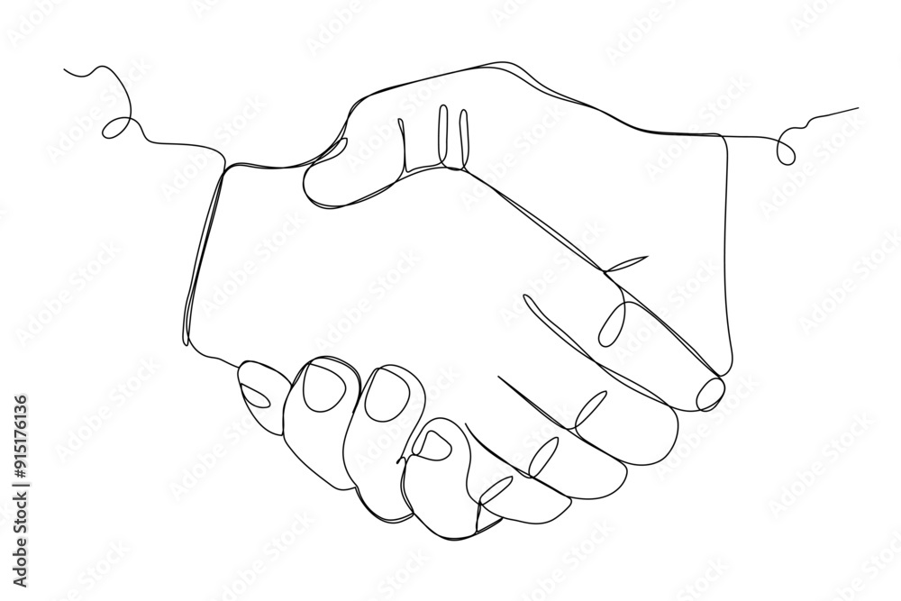 Continuous single line drawing of businessmen shaking hands. Handshake, agreement, introduction banner hand drawn with single line. Business handshake line art vector illustration.