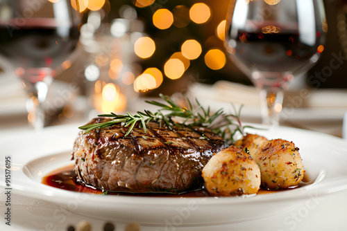 A mouthwatering photograph of an elegant dish featuring medium-rare stubborn steak, Generative AI