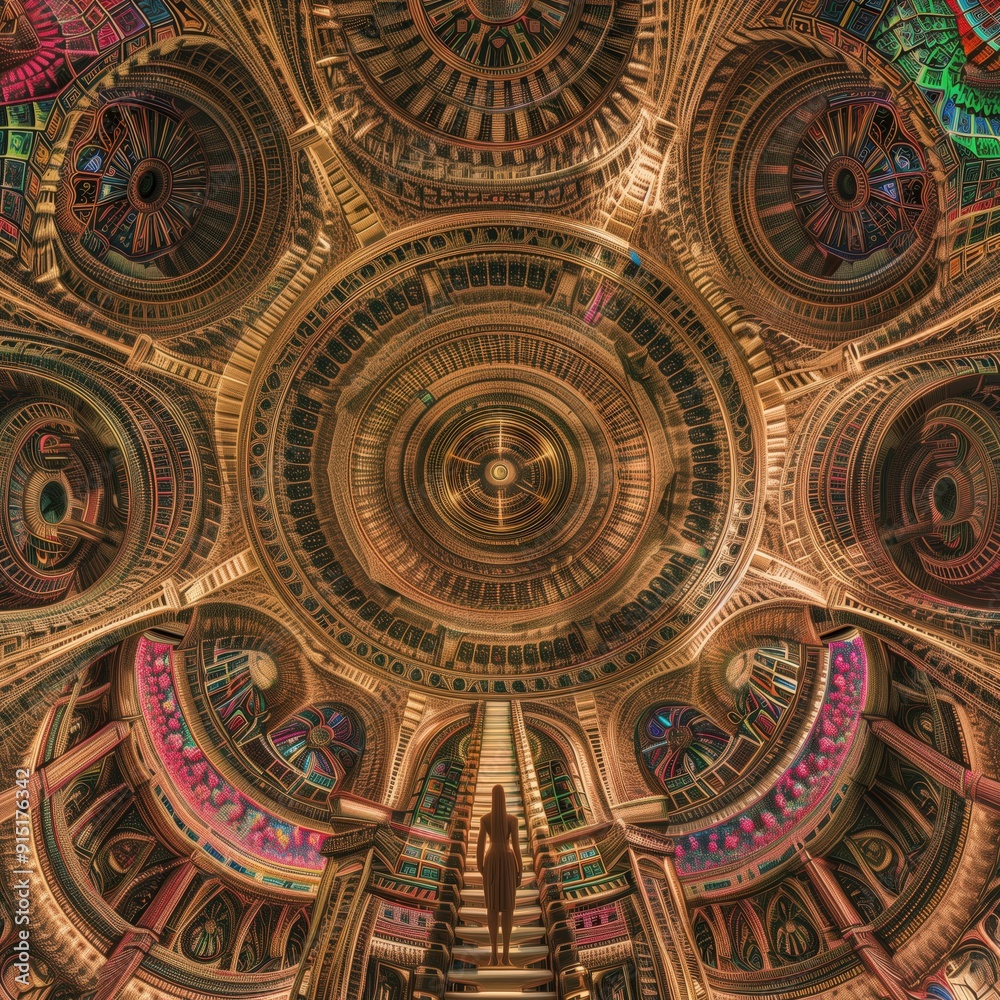 A Woman Stands at the Center of a Complex, Circular, Geometrically-Patterned Structure A Woman Stands at the Center of a Complex, Circular, Geometrically-Patterned Structure