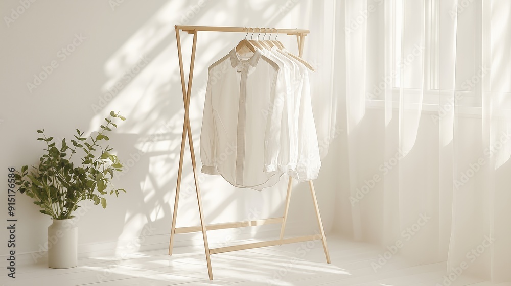 Light-filled room featuring white clothing on a wooden rack with plant decor