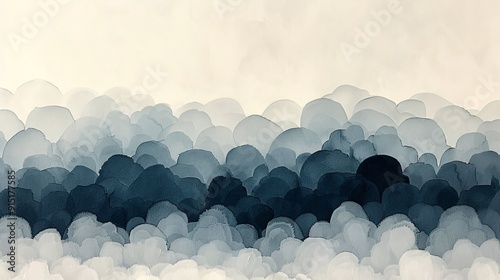 The image displays a monochrome watercolor landscape painting, featuring abstract hills or clouds in shades ranging from light grey to black, arranged in a serene and flowing composition. photo