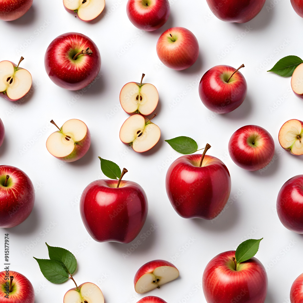 Red Apple Pattern with Whole and Sliced Apples Generative AI Red Apple Pattern with Whole and Sliced Apples Generative AI