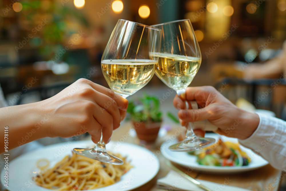 Friends toasting with white wine glasses at an urban restaurant table, surrounded by modern decor and food on plates. Friends toasting with white wine glasses at an urban restaurant table, surrounded by modern decor and food on plates.