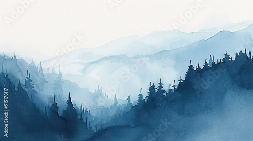 This image captures a moody mountain landscape enveloped in mist, rendered in calming blue tones. It evokes feelings of tranquility, introspection, and the quiet beauty of nature. photo