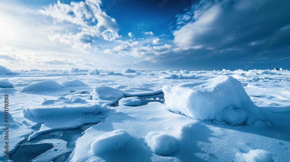 Obraz premium The expansive Arctic landscape is covered in shimmering snow and ice, under a sky filled with ominous clouds and bright sunlight, capturing a tranquil winter atmosphere