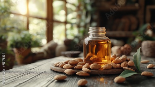 Glass bottle of almond oil surrounded by scattered almonds on a rustic wooden table, with soft natural light filtering through a window.
