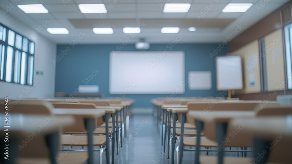 Empty classroom with rows of desks and chairs facing a whiteboard, ready for students. Empty classroom with rows of desks and chairs facing a whiteboard, ready for students.