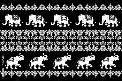 various animals in a cartoon style, elephants pattern,traditional ethnic, fabric pattern for textiles, rugs, wallpaper, clothing, sarong, batik, wrapping, embroidery, print, background, cover, illust