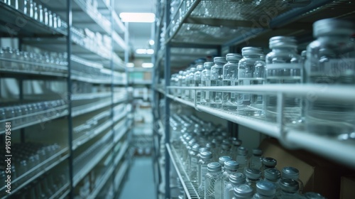 Shelves lined with glass jars in a well-organized laboratory storage room, creating a sense of precision and scientific focus.