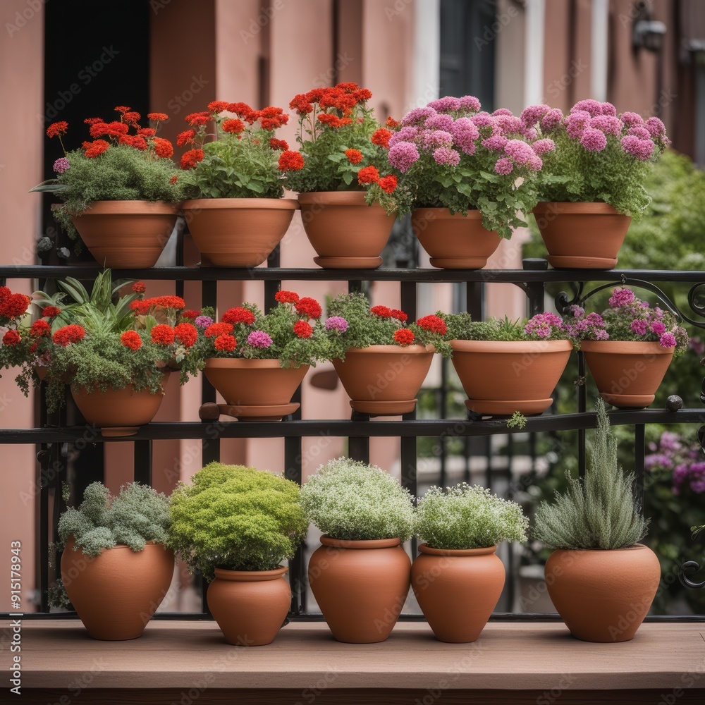 Terracotta pots with small plants (succulents & flowers) arranged on an outdoor metal shelf. Terracotta pots with small plants (succulents & flowers) arranged on an outdoor metal shelf.