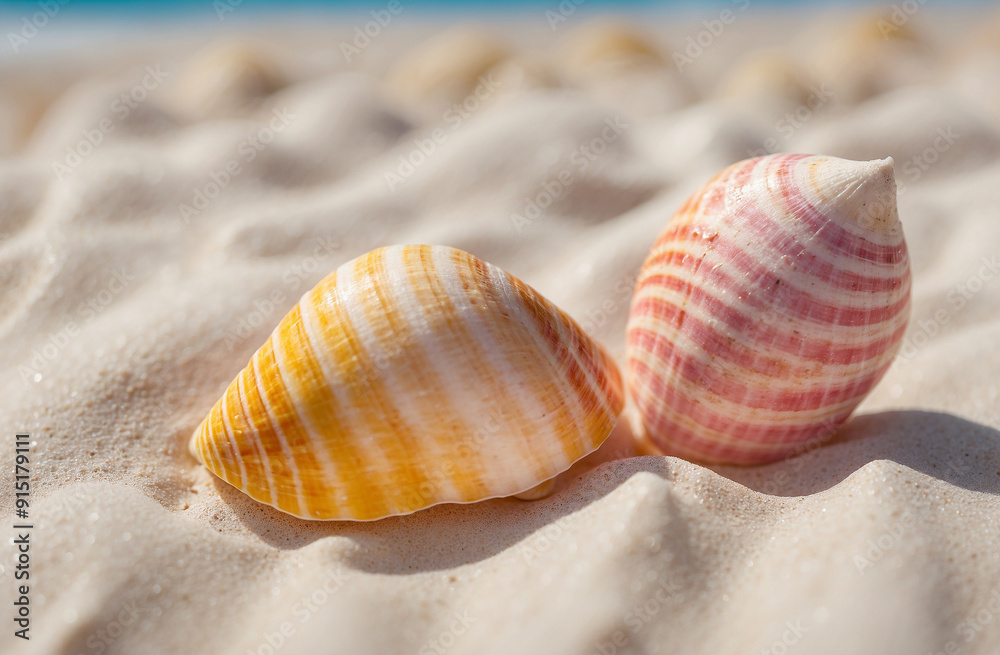 The composition is clean and minimalistic, perfect for a magazine advertisement. Close-up photography of two seashells, one yellow and one pink, delicately placed on white sand. The image is captured The composition is clean and minimalistic, perfect for a magazine advertisement. Close-up photography of two seashells, one yellow and one pink, delicately placed on white sand. The image is captured