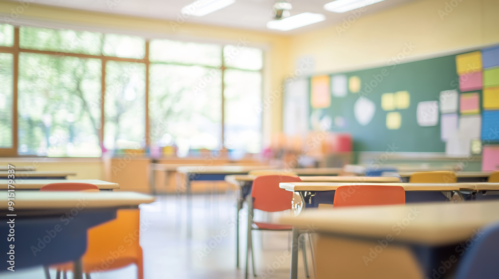 Bright, empty classroom with colorful chairs, desks, and a green chalkboard, ready for students. Bright, empty classroom with colorful chairs, desks, and a green chalkboard, ready for students.