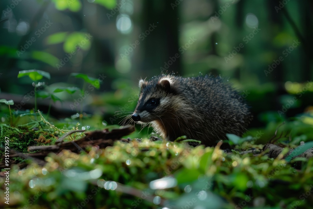 A soft mammal with long fur nestled in a verdant forest A soft mammal with long fur nestled in a verdant forest