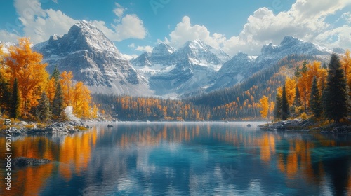 Colorful autumn leaves surround a tranquil lake reflecting the majestic peaks of the Canadian Rockies under a clear blue sky