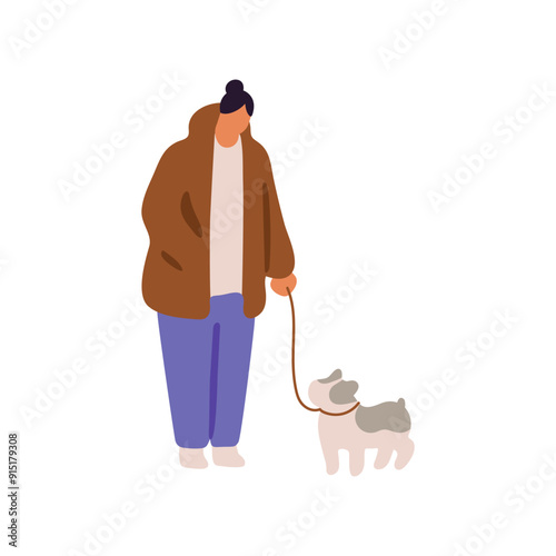 Happy owner strolls dog with leash. Woman in outerwear leads puppy. Person and doggy walk outdoors together. Girl cares about cute pet, animal. Flat isolated vector illustration on white background