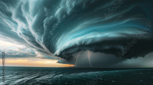 Icredible supercell with lightning and dust storm spinning across water in ocean, sky full of dark storm clouds photo