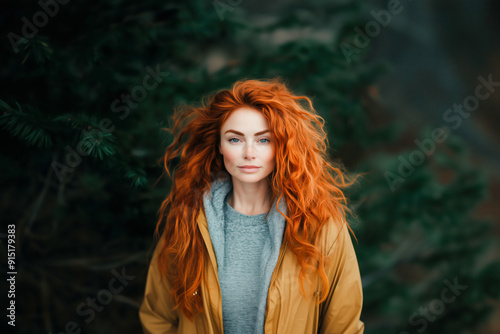 A woman with red hair stands in front of a tree