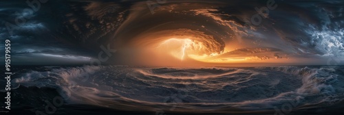 Icredible, huge whirlpool in ocean, sea bellow supercell with lightning and dust storm spinning in sky full of dark storm clouds