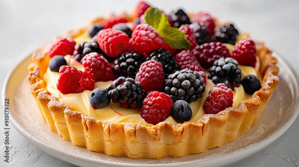 Colorful fruit tart, with a crispy crust, creamy filling, and fresh berries Colorful fruit tart, with a crispy crust, creamy filling, and fresh berries