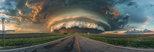Icredible supercell spinning across road before small city, sky full of dark storm clouds