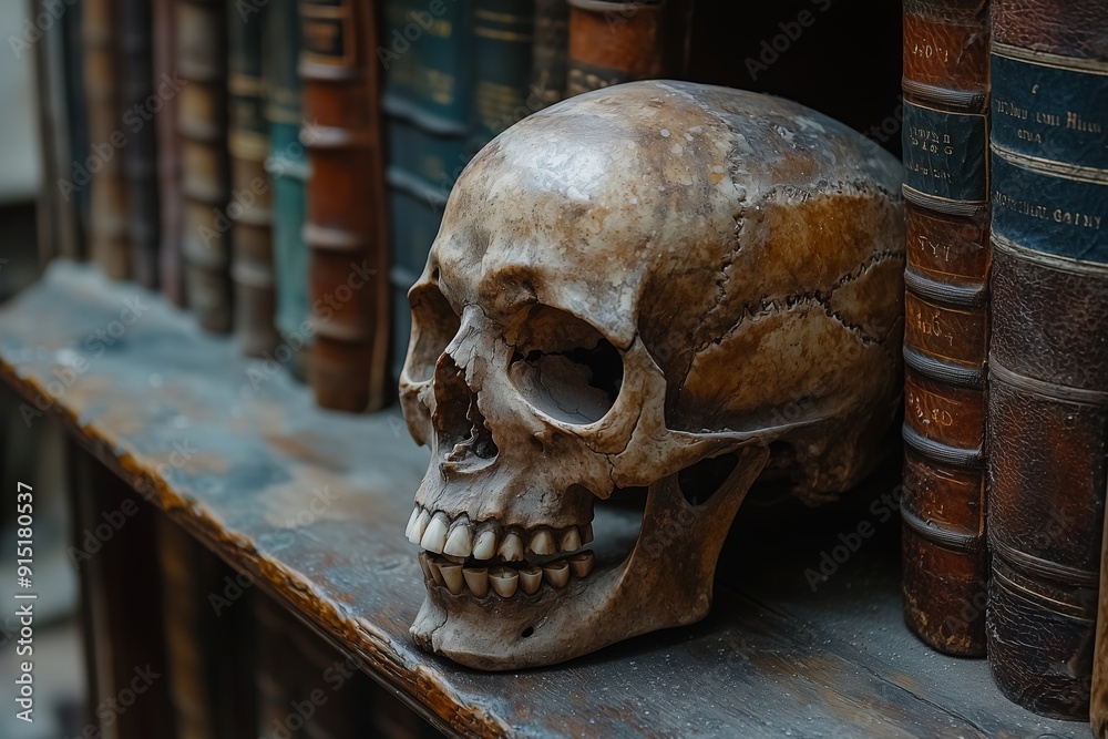 Moody Close-Up of a Skull on Dusty Bookshelf with Soft Lighting Moody Close-Up of a Skull on Dusty Bookshelf with Soft Lighting