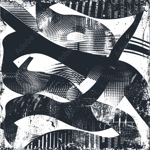 A black and white abstract geometric pattern with overlapping lines and shapes, vector illustration.