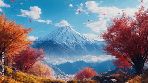 Autumn colors transform the Japanese Alps into a breathtaking tapestry, featuring red and orange trees surrounding majestic snow-capped peaks