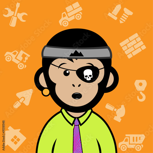 pierced surprised chimp chimpanzee wearing a headband, pirate eye patch and green shirt in a orange background in color block flat illustration