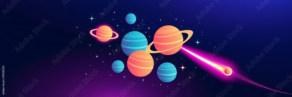 Abstract and colorful space illustration with planets, comet, rings, stars in purple, blue, pink, orange, and yellow. Suitable for astronomy designs. Abstract and colorful space illustration with planets, comet, rings, stars in purple, blue, pink, orange, and yellow. Suitable for astronomy designs.