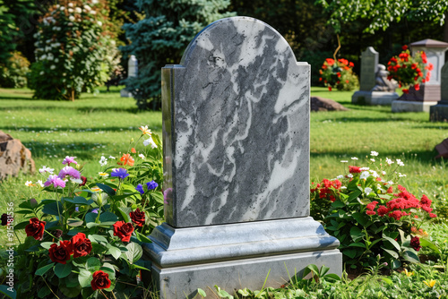 Polished marble headstone in a cemetery