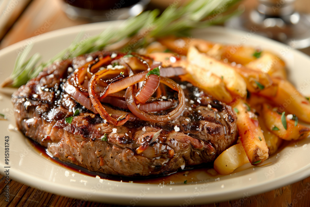 Succulent ribeye steak with caramelized onions Succulent ribeye steak with caramelized onions