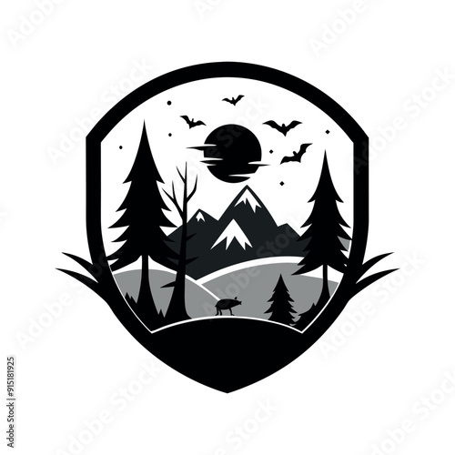 Nature Inspired Halloween Silhouette logo design template black and white