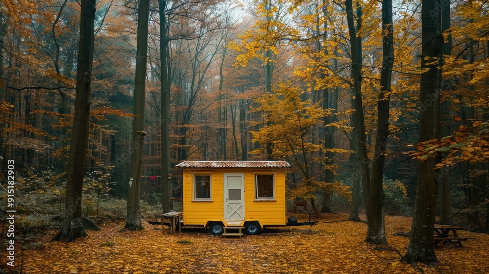 Obraz premium Yellow Cabin in Autumn Forest