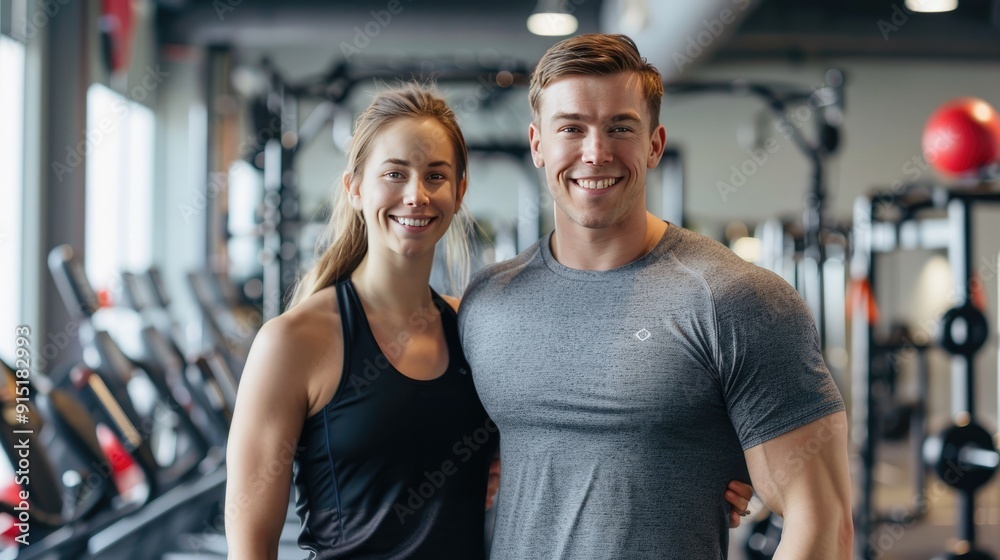 man and a woman in a gym, sitting on workout benches and smiling man and a woman in a gym, sitting on workout benches and smiling